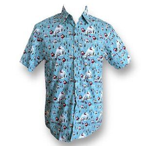 Monument Mens Shirt Sz Large Blue Santa Claus Christmas Party Novelty Print